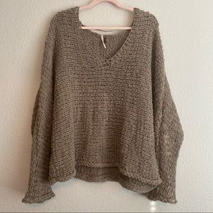 FREE PEOPLE Beige Tan Open Knit Weave V Neck Sweater Small Neutral Oversized